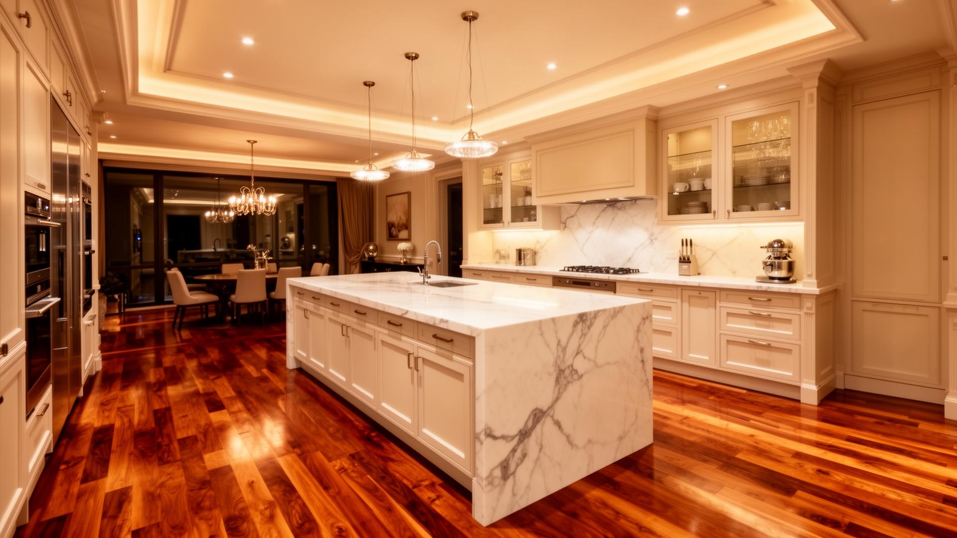 Kitchen in Cleveland, Tennessee with hardwood flooring, custom cabinets, and stone countertops
